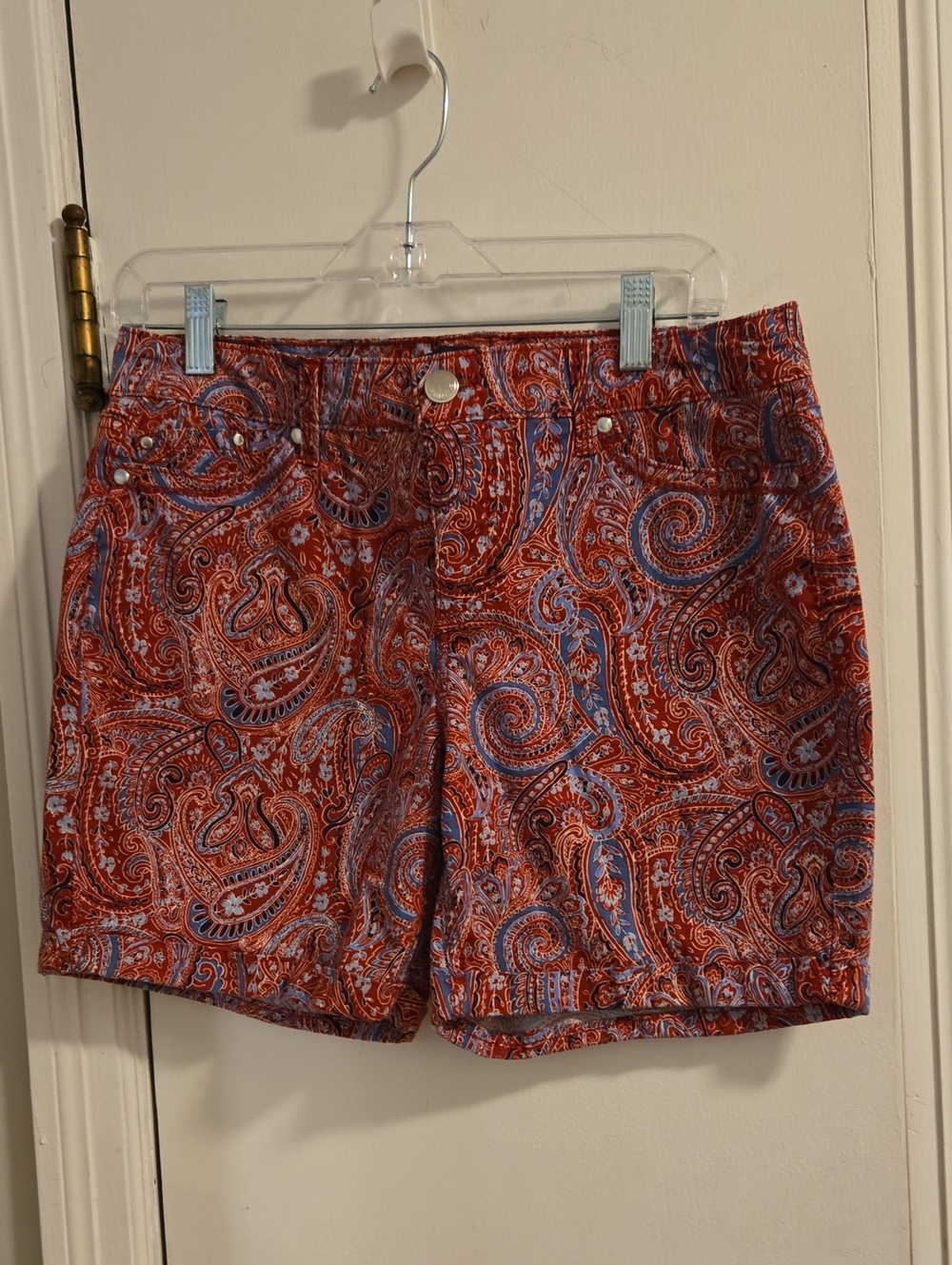 Bandolino Red Paisley Bermuda Shorts with Light Blue Highlights